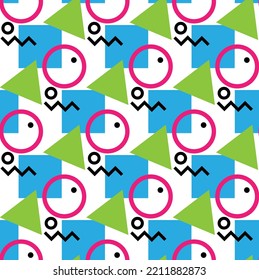 Modern seamless vector pattern of geometric shapes - circles, rectangles, dots, triangles, wavy broken lines