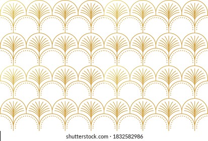 modern seamless vector pattern of gingko leaves in gold color on white background with dots
