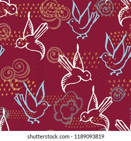 Modern seamless vector pattern inspired by vintage Japanese artwork. Inked hand drawn birds in flight. Decorative abstract clouds and dotted background elements. Brick red, sky blue, white, orange.