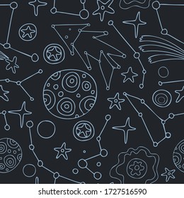 Modern seamless vector pattern of night sky with stars, planets and lined cute dreamy foxes in dark colors. Can be used for printing on paper, wallpaper, coloring, textiles. 
