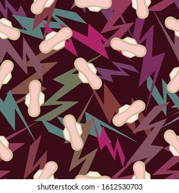 modern seamless vector pattern. stylized lightning and pads. fabric, wrapping paper, background, wallpaper, surface and textile design. trendy menstruation feminist ornament, fem symbol clipart. 