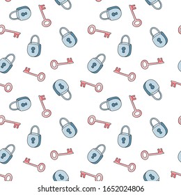 moderne Nahtlose Vektorillustration mit Schlössern und Schlüsseln. naive Wiederholung Muster mit geschlossenem Schloss, Schlüssel. wiederholen Flache Illustration auf weißem Hintergrund, handgezeichnet. Valentinstag-Packaging
