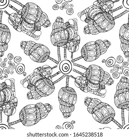 Modern seamless vector simple black and white pattern with lined trees. Can be used for printing on paper, stickers, badges, bijouterie, cards, textiles. 