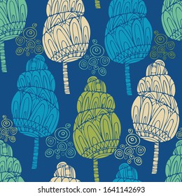 Modern seamless vector simple colourful pattern with lined trees. Can be used for printing on paper, stickers, badges, bijouterie, cards, textiles. 