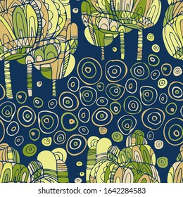 Modern seamless vector simple colourful pattern with lined trees. Can be used for printing on paper, stickers, badges, bijouterie, cards, textiles. 
