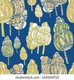Modern seamless vector simple colourful pattern with lined trees. Can be used for printing on paper, stickers, badges, bijouterie, cards, textiles. 