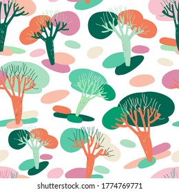 Modern seamless vector simple colourful pattern with trees in pastel colors 