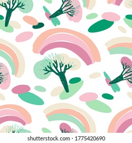 Modern seamless vector simple colourful pattern with pastel trees and rainbows