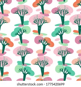Modern seamless vector simple colourful pattern with trees in pastel colors 
