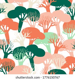 Modern seamless vector simple colourful pattern with trees in pastel colors 