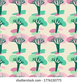 Modern seamless vector simple colourful pattern with trees in pastel colors 
