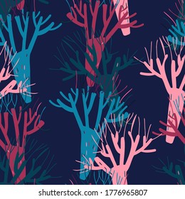 Modern seamless vector simple colourful pattern with trees in dark tones 