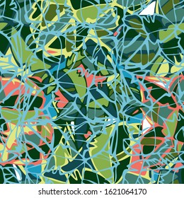 Modern seamless vector tropical colourful pattern with lined decorative flowers in green tones. Can be used for printing on paper, stickers, badges, bijouterie, cards, textiles. 