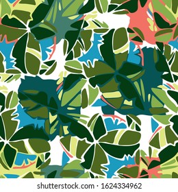 Modern seamless vector tropical colourful pattern with lined decorative flowers in green tones. Can be used for printing on paper, stickers, badges, bijouterie, cards, textiles. 