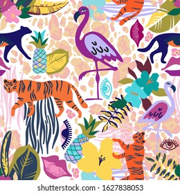 Modern seamless vector tropical colourful pattern with animals and fruits. Can be used for printing on paper, stickers, badges, bijouterie, cards, textiles. 