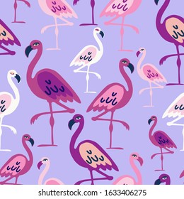 Modern seamless vector tropical colourful pattern with pink flamingos. Can be used for printing on paper, stickers, badges, bijouterie, cards, textiles. 
