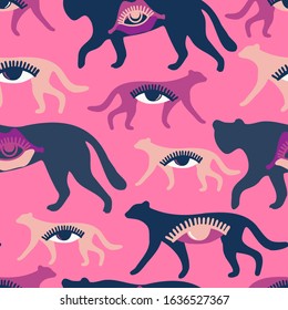Modern seamless vector tropical colourful pattern with abstract panthers and eyes. Can be used for printing on paper, stickers, badges, bijouterie, cards, textiles. 