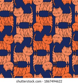 Modern seamless vector tropical colourful pattern with orange adorable small cats tigers on blue. Can be used for printing on paper, stickers, badges, bijouterie, cards, textiles. 