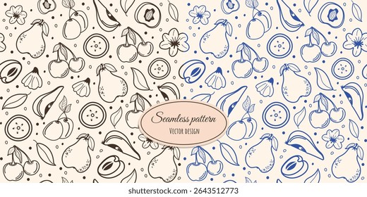 Modern seamless vintage-style pattern featuring fruits, berries, leaves and flowers. Vector design for fabric, wallpaper, wrapping paper and more.