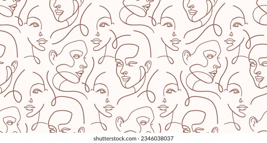 Modern seamless wallpaper with continuous Line drawing female faces. Beauty, elegant aesthetic background. Boho tile graphic for fabric design. Wrapping paper for self care goods.