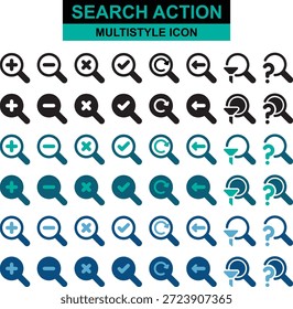 Moderno conjunto de iconos de acción de búsqueda con símbolos de búsqueda, acercamiento, alejamiento, Filtrar, actualización, retroceso, cierre, verificación y ayuda. Perfecto para el Web, el App móvil, el tablero de instrumentos, la interfaz, el diseño de la experiencia del usuario y