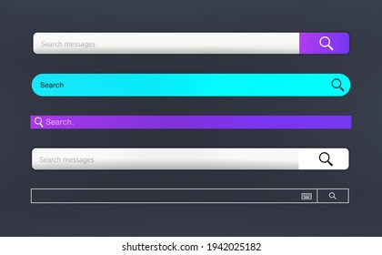 Modern Search Bar Set. Template internet searching field in web browser or online App. UI panel search. String for online finding information. Internet search bar collection. Vector set UI bars