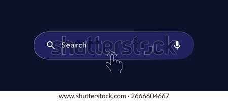 A modern search bar UI element for a website or app. A vector illustration showing a finger clicking on a search box with magnifying glass and voice search microphone icons. Dark mode design.