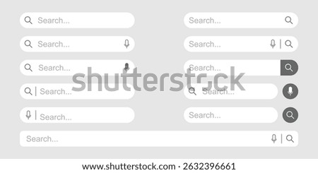 Modern Search Bar UI Set – Voice Search and Magnifying Glass Icon Collection for Web and Mobile Interface, Minimalist Search Field Templates, Flat Design, Light and Dark Mode Elements for App Design