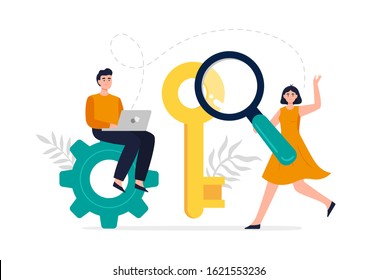 Modern search engine optimization concept. Web developers search for keywords to improve website page rank. Flat Vector illustration good for banners, ads, landing pages or other web promotion issues.