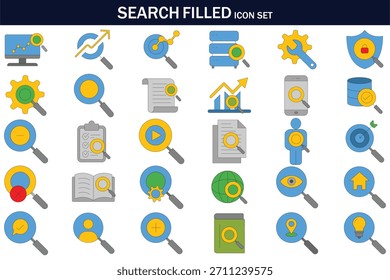 Un moderno conjunto de iconos de búsqueda con lupas, datos, análisis, búsqueda móvil, Configuraciones, ubicación y símbolos de seguridad, perfecto para UI, App, Sitios web y proyectos digitales.