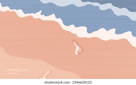 Modern seascape in a minimalist style. Top view. In the frame, a piece of the beach and coastline with wet footprints in sand.
 Contemporary aesthetic poster. Vector poster