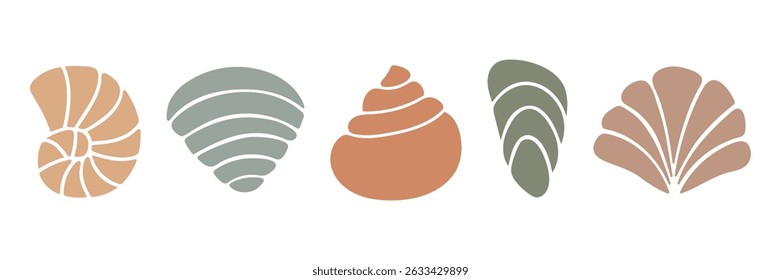 Iconos modernos de conchas marinas en estilo boho. Elementos marinos orgánicos mínimos de las Formas para el diseño de la playa, logotipo, impresiones de las vacaciones, marca del viaje, decoración del mar, productos del bebé, diseño del patrón, empaquetado del eco