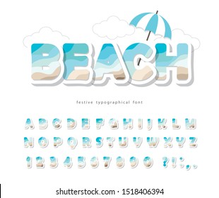 Modern seaside landscape font. Paper cut out ABC letters and numbers isolated on white. Creative alphabet for summer, travel design. Vector illustration