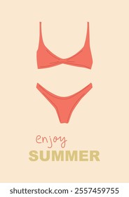 Modern seasonal composition with Enjoy Summer phrase handwritten with elegant calligraphic font and swimsuit or swimwear. Flat cartoon colorful vector illustration for t-shirt or sweatshirt print.