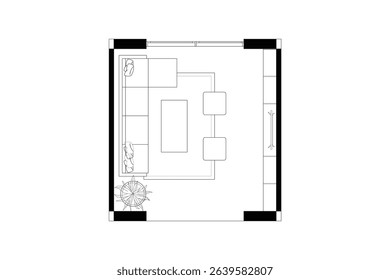 Modern Seating Area Floor Plan. Vector Black Lines on White Background. 2
