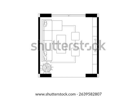 Modern Seating Area Floor Plan. Vector Black Lines on White Background. 2