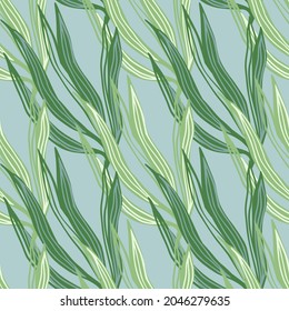 Moderne Algen sind nahtlos auf blauem Hintergrund. Meerespflanzen-Tapete. Unterwasserfolienhintergrund. Design für Stoff, Stoffdruck, Umhüllung, Abdeckung. Vektorgrafik.