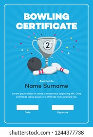 Modern second place bowling certificate diploma with a silver winning cup and place for your content. Isolated on blue background with transparent shadows.