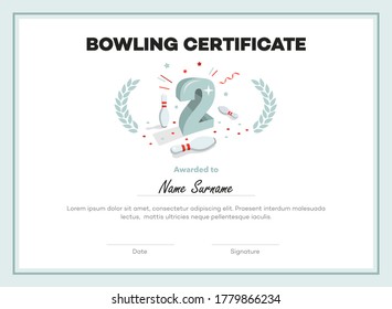 Diploma moderno de certificado de bolos en segundo lugar con lugar para su contenido. Aislado sobre fondo blanco.