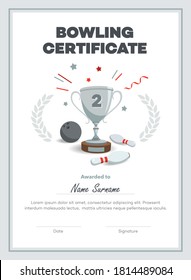 Modern second place bowling certificate diploma with place for your content. Isolated on white background.