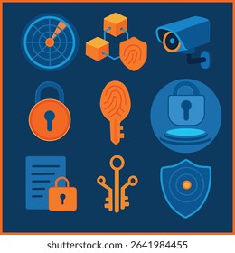 Modern Security and Biometric Icons in Blue and Orange