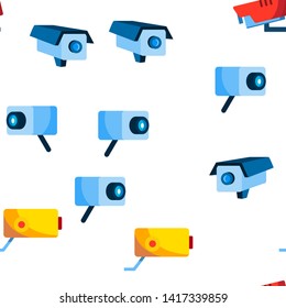 Modern Security Cameras Vector Color Icons Seamless Pattern. Hidden Surveillance CCTV Cameras Linear Symbols Pack. Facility Building Safety And Protection System. Area Monitoring Illustration
