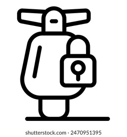 Moderne Sicherheits-Drohnenkonzept-Ikone mit Vorhängeschloss. Überwachungskamera. Und autonome Steuerungstechnik in minimalistischer Schwarz-Weiß-Line-Art-Vektorillustration