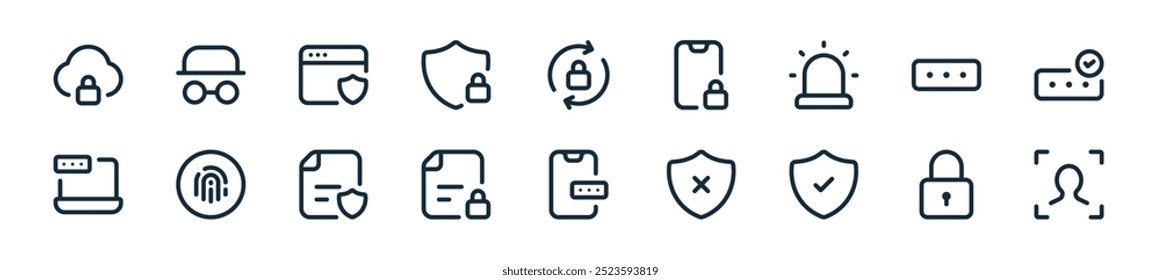 modern security icon pack. perfect for linear ui designs featuring vector face id, lock, shield, unprotected, smartphone, file lock, file protection and more icons for mobile and web apps.