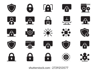 Moderno conjunto de iconos de seguridad y candado que representa la protección de datos, privacidad, antivirus y seguridad cibernética. Ideal para App, Sitios web y proyectos tecnológicos.