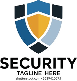 Modern security logo design featuring shield shape and bold text on white background
