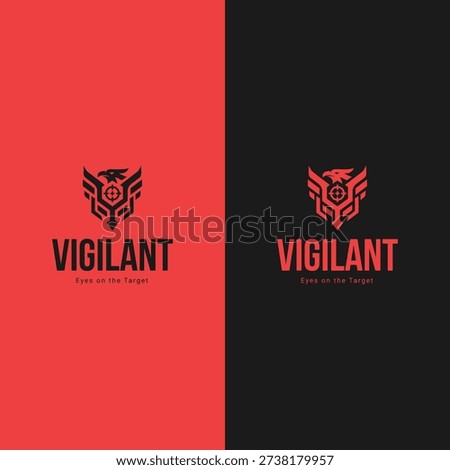 Modern security logo featuring a stylized eagle emblem combined with shield and target symbol representing protection, vigilance, precision, and strategic focus. Bold geometric vector design suitable for security agencies, cybersecurity firms, surveillance services, protection companies, defense consulting, tactical training brands, and esports teams. Clean professional identity presented in red and dark background variations, ideal for branding, uniforms, digital media, corporate identity systems, and marketing materials.