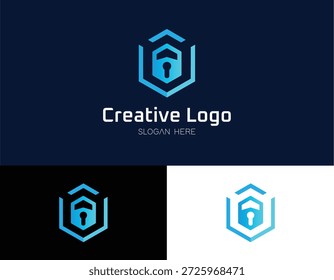 Logotipo moderno de la seguridad con un diseño geométrico abstracto del emblema del candado y del escudo para los conceptos de la ciberseguridad y de la protección de datos Ilustración vectorial