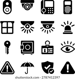 Modern security and safety icons featuring surveillance devices fingerprint scanner and warning symbols