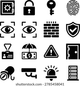 Modern security and surveillance icons featuring locks keys fingerprint retina scan wall camera badge money alert